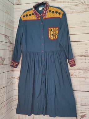 Vintage 100% Cotton Navy Embroidered Shirt Dress Southwestern Boho Large XL